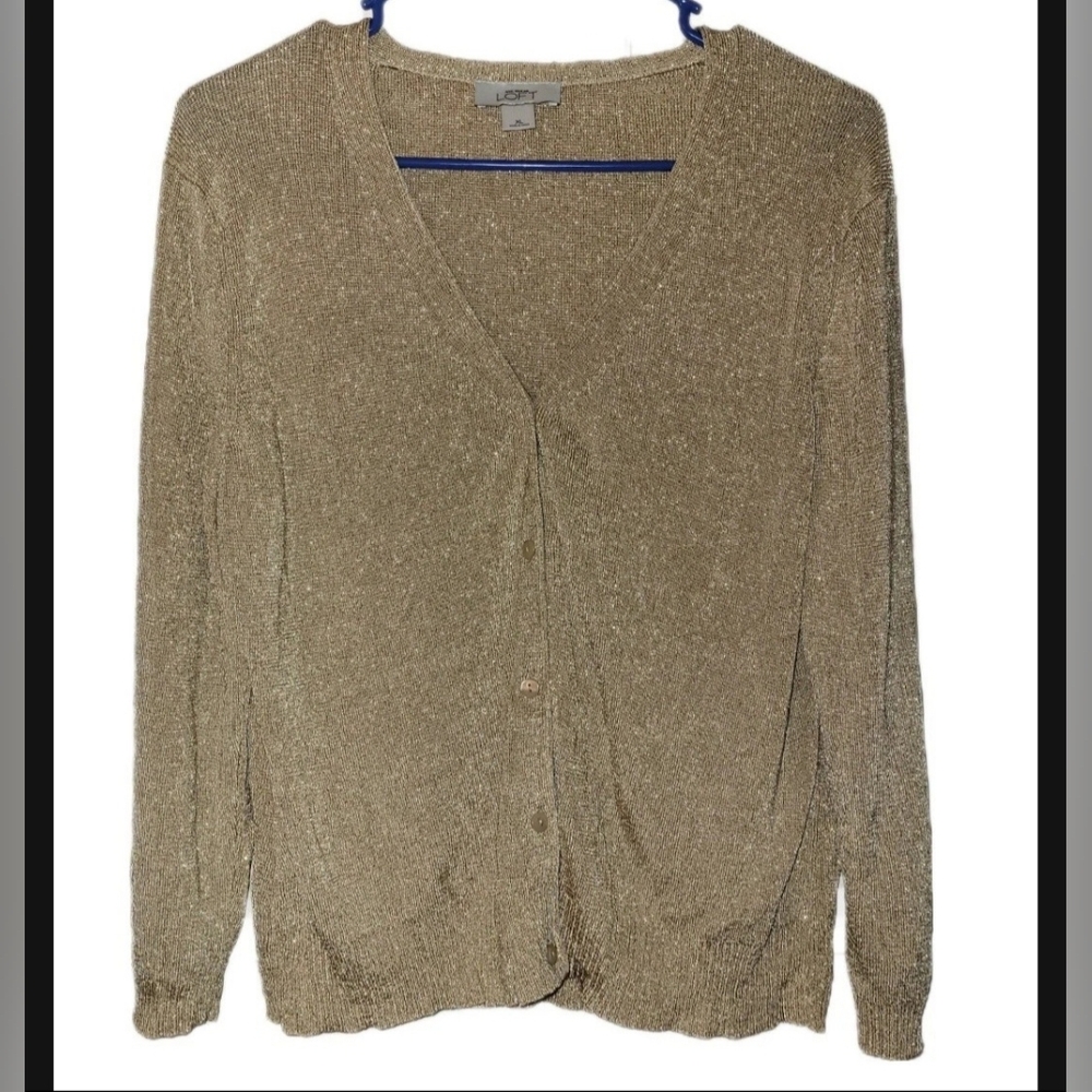 Loft Slinky Metallic Gold V Neck Long Sleeve Cardigan Shiny Sweater Size XL